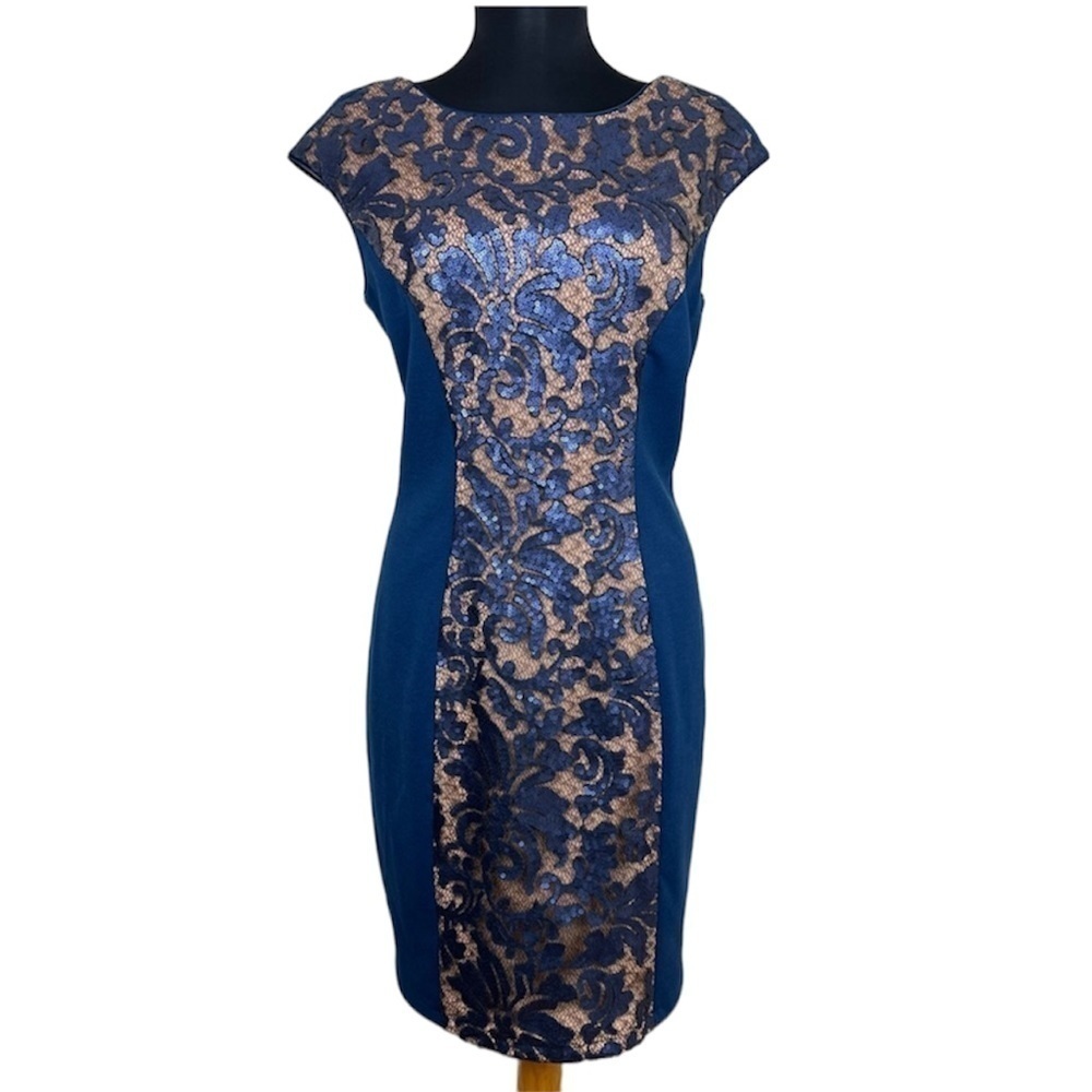 JS Collections Blue Tan Lace Overlay Sheath Dress